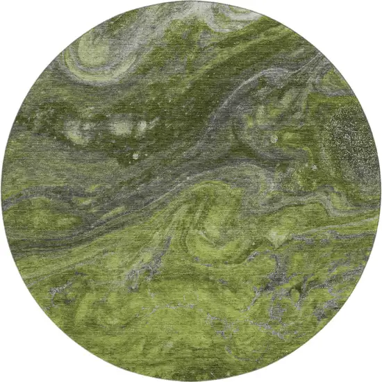 8' Green Gray And Ivory Abstract Washable Round Rug With UV Protection Photo 1