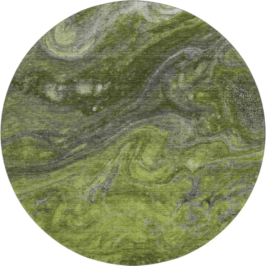 8' Green Gray And Ivory Abstract Washable Round Rug With UV Protection Photo 1