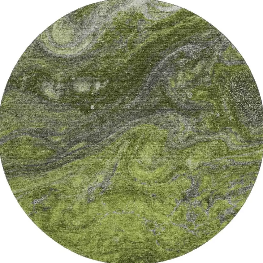 8' Green Gray And Ivory Abstract Washable Round Rug With UV Protection Photo 3