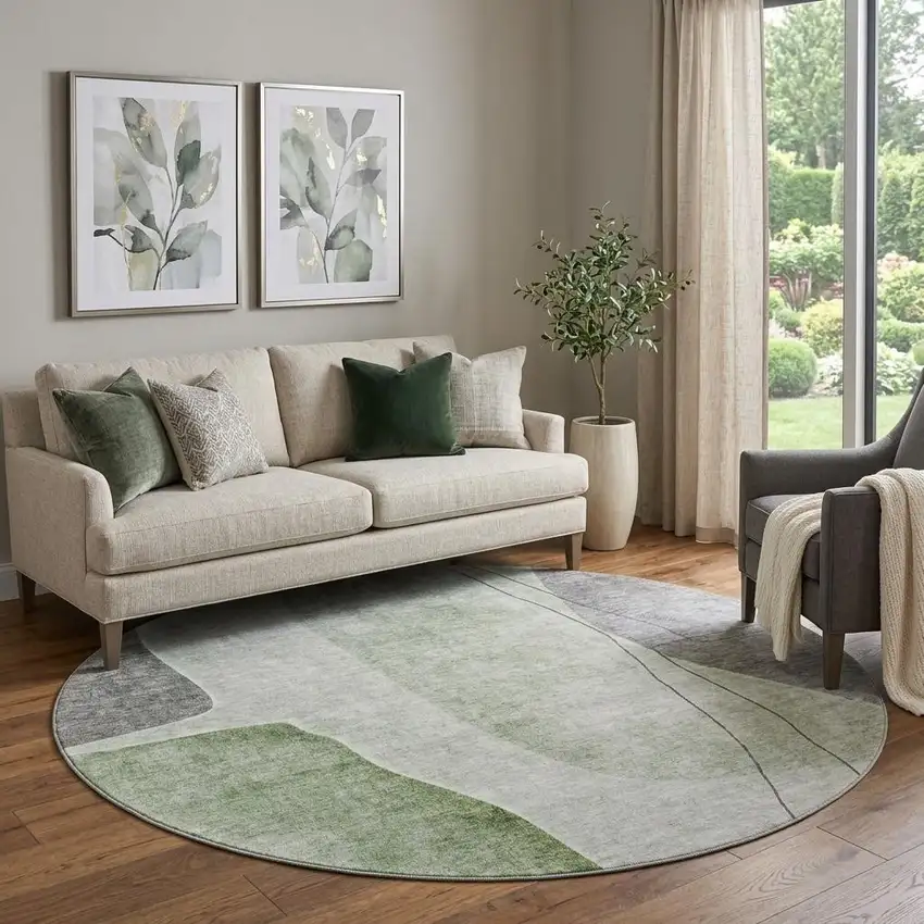 8' Green Gray And Ivory Abstract Washable Round Rug With UV Protection Photo 1
