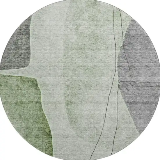 8' Green Gray And Ivory Abstract Washable Round Rug With UV Protection Photo 3