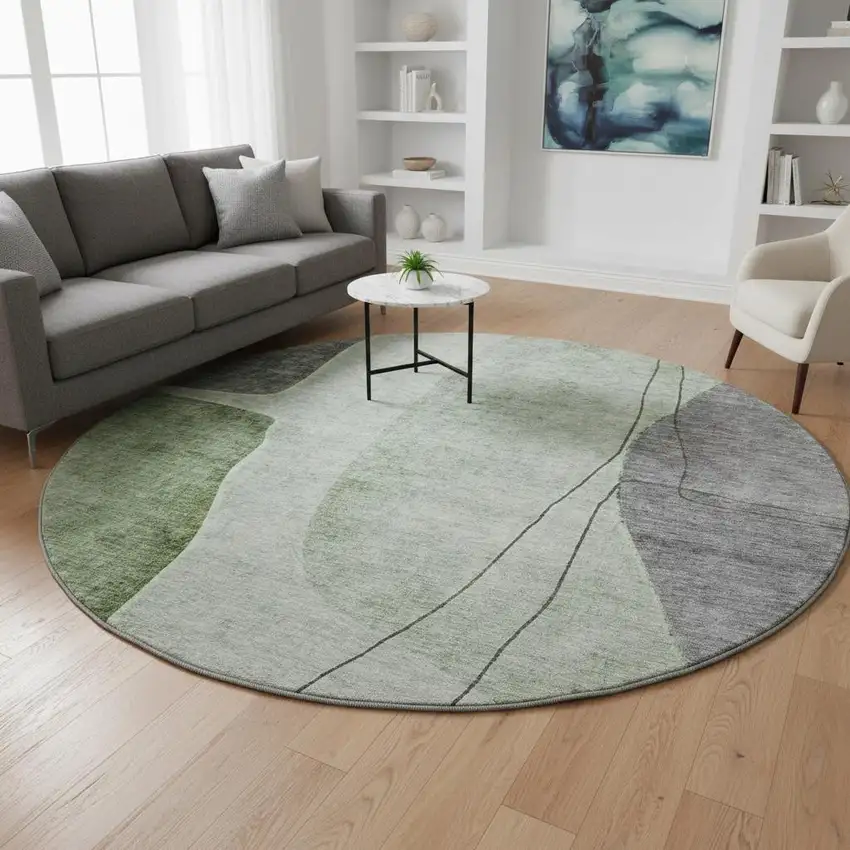 8' Green Gray And Ivory Abstract Washable Round Rug With UV Protection Photo 2