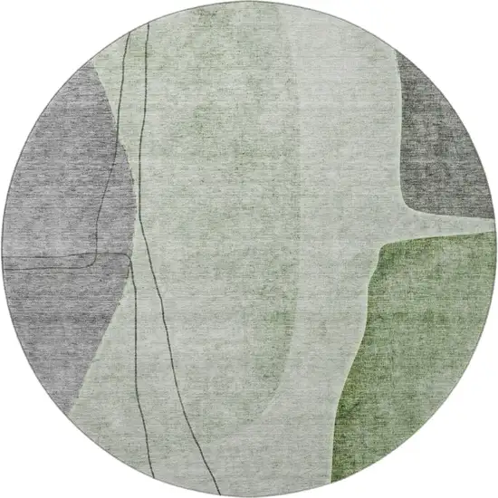 8' Green Gray And Ivory Abstract Washable Round Rug With UV Protection Photo 4
