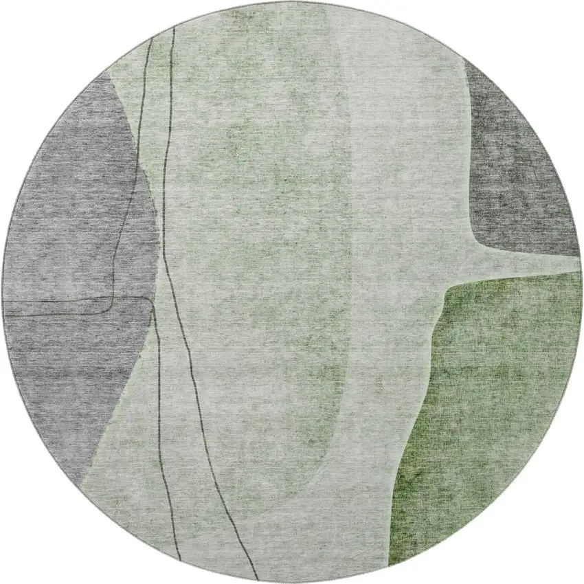 8' Green Gray And Ivory Abstract Washable Round Rug With UV Protection Photo 4