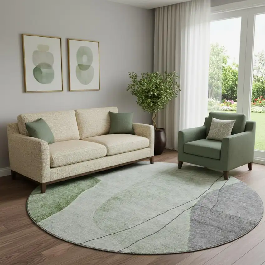 8' Green Gray And Ivory Abstract Washable Round Rug With UV Protection Photo 1