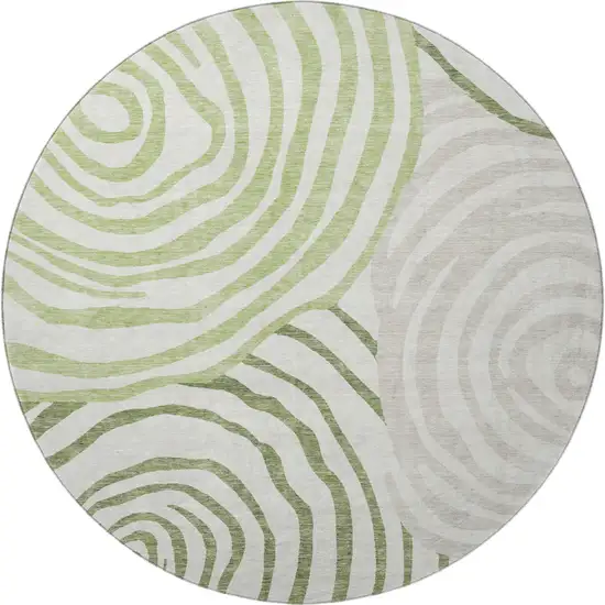 8' Green Gray And Ivory Abstract Washable Round Rug With UV Protection Photo 4