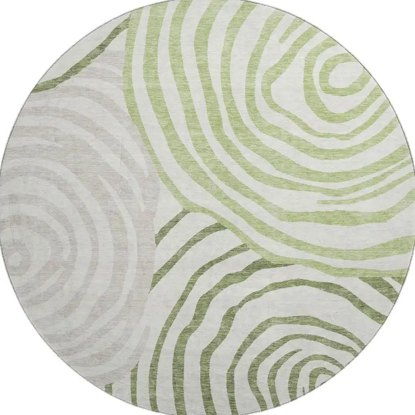8' Green Gray And Ivory Abstract Washable Round Rug With UV Protection Photo 3