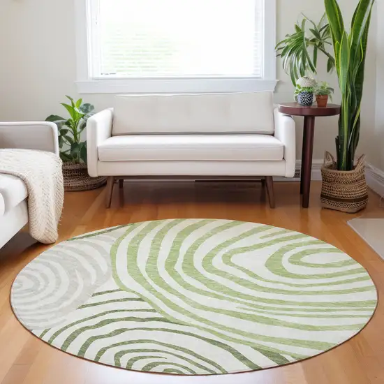 8' Green Gray And Ivory Abstract Washable Round Rug With UV Protection Photo 5