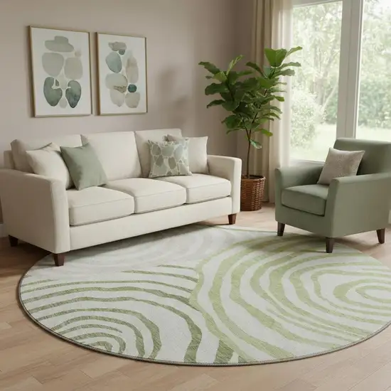 8' Green Gray And Ivory Abstract Washable Round Rug With UV Protection Photo 1