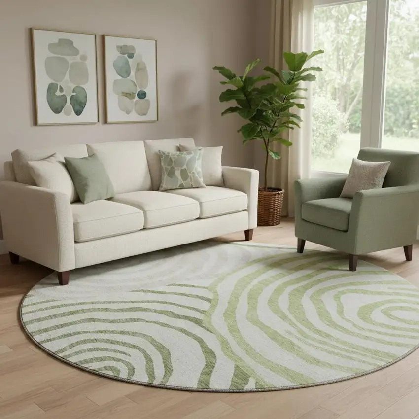 8' Green Gray And Ivory Abstract Washable Round Rug With UV Protection Photo 1