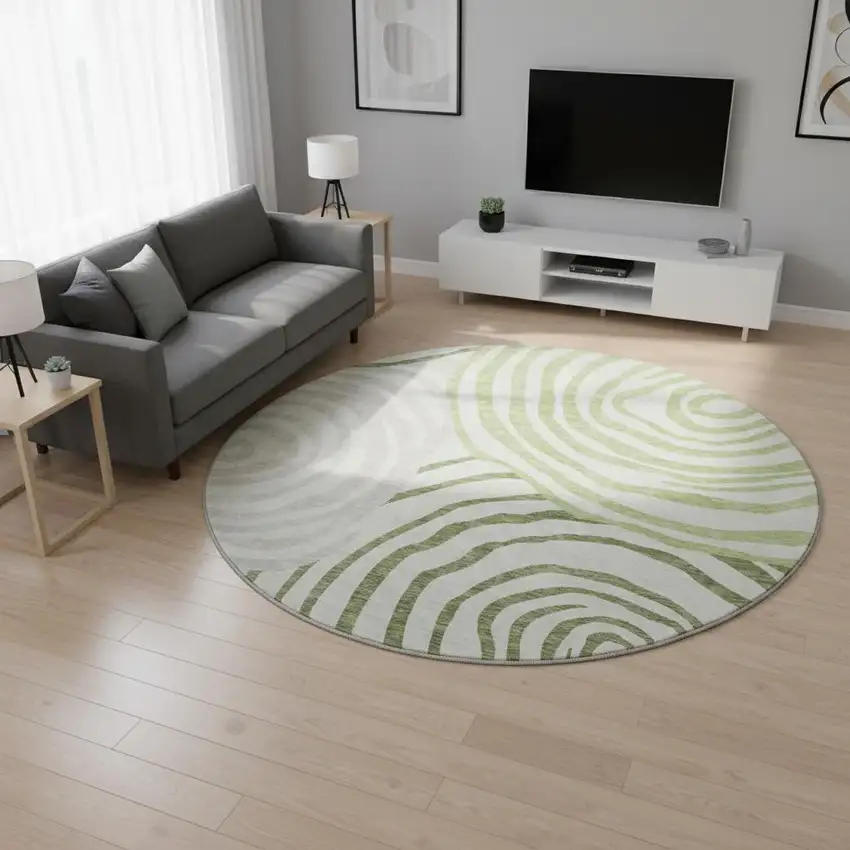 8' Green Gray And Ivory Abstract Washable Round Rug With UV Protection Photo 2
