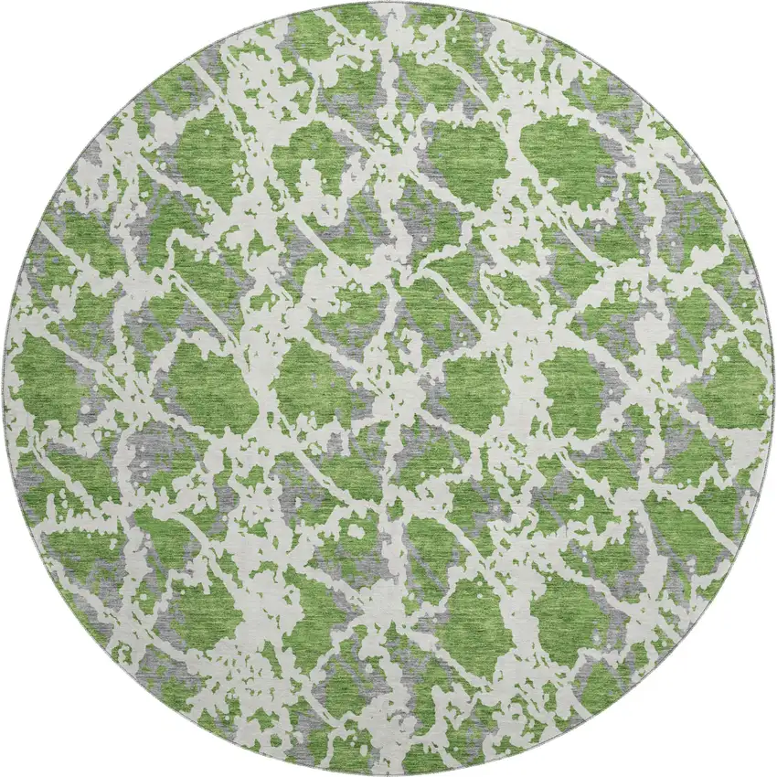8' Green Gray And Ivory Abstract Washable Round Rug With UV Protection Photo 1