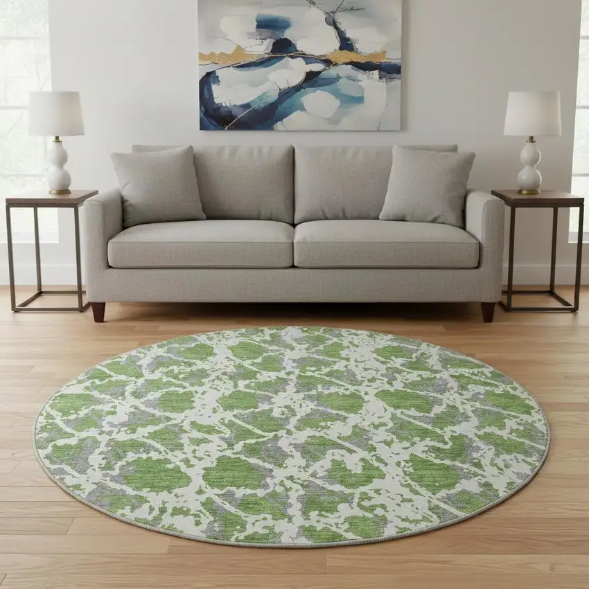 8' Green Gray And Ivory Abstract Washable Round Rug With UV Protection Photo 2
