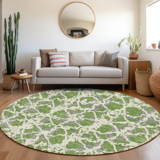 8' Green Gray And Ivory Abstract Washable Round Rug With UV Protection Photo 4