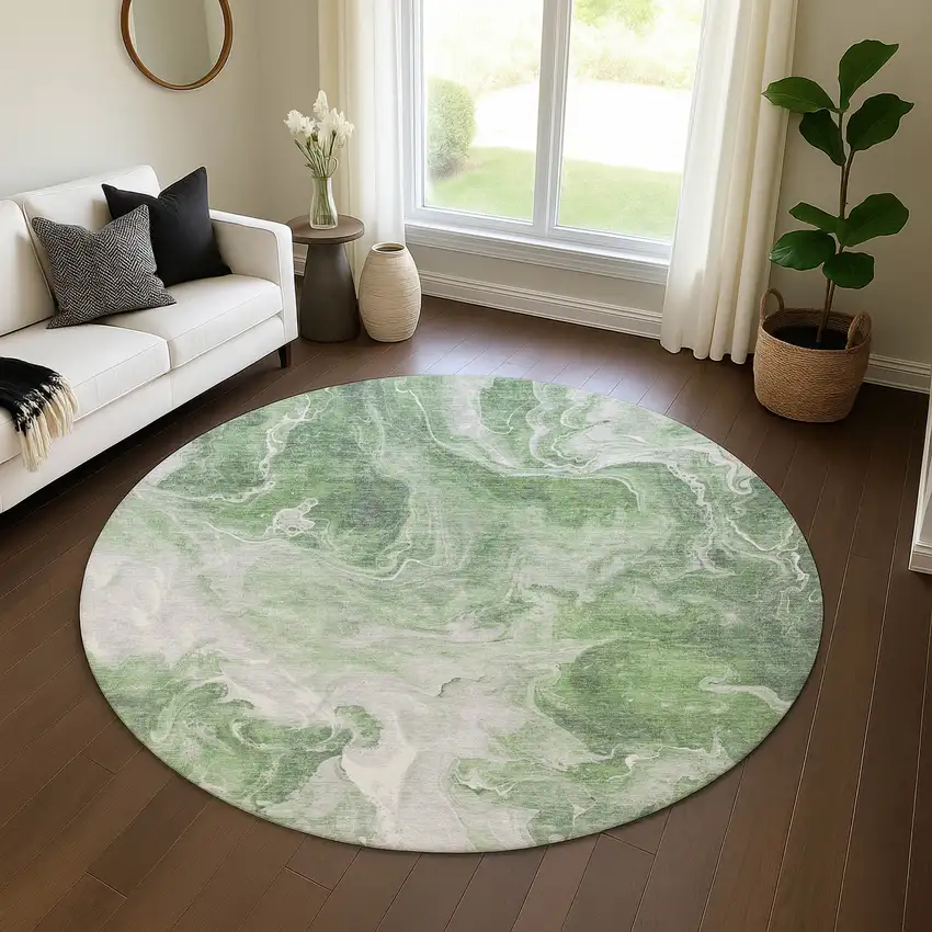 8' Green Gray And Ivory Abstract Washable Round Rug With UV Protection Photo 4