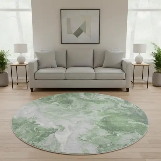 8' Green Gray And Ivory Abstract Washable Round Rug With UV Protection Photo 2