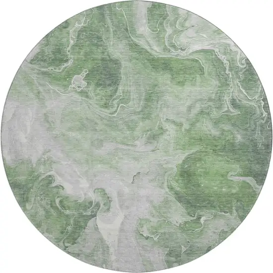 8' Green Gray And Ivory Abstract Washable Round Rug With UV Protection Photo 1