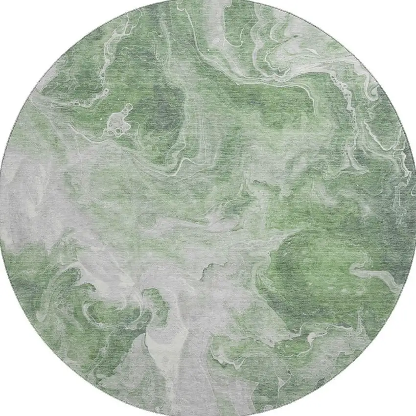 8' Green Gray And Ivory Abstract Washable Round Rug With UV Protection Photo 2