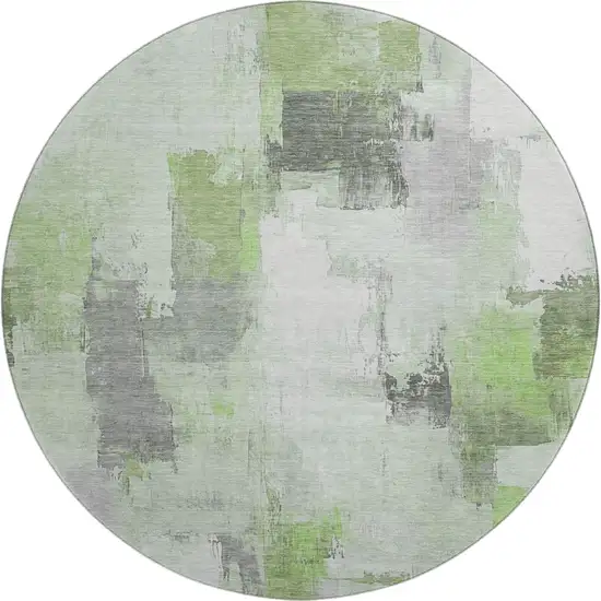 8' Green Gray And Ivory Abstract Washable Round Rug With UV Protection Photo 1