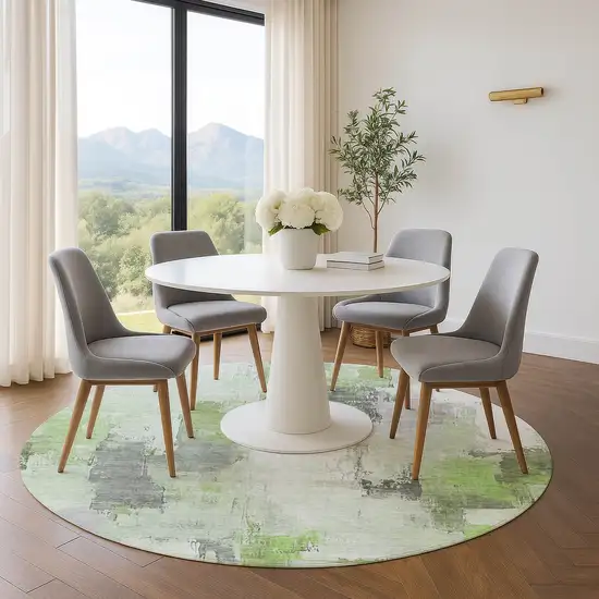 8' Green Gray And Ivory Abstract Washable Round Rug With UV Protection Photo 5