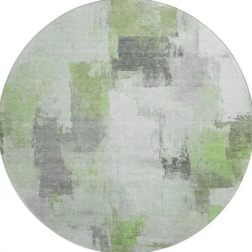 8' Green Gray And Ivory Abstract Washable Round Rug With UV Protection Photo 4