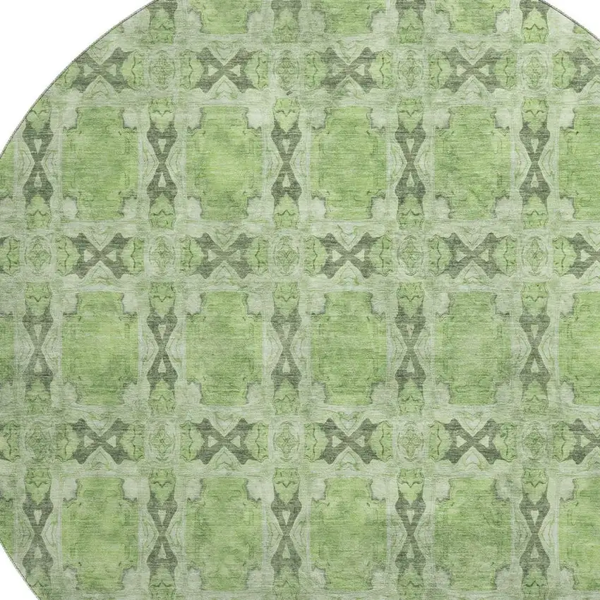 8' Green Gray And Ivory Floral Medallion Washable Round Rug With UV Protection Photo 3