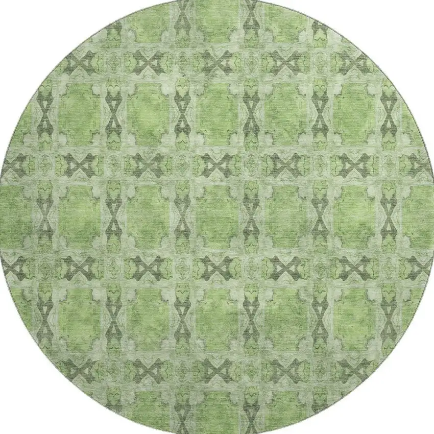 8' Green Gray And Ivory Floral Medallion Washable Round Rug With UV Protection Photo 4