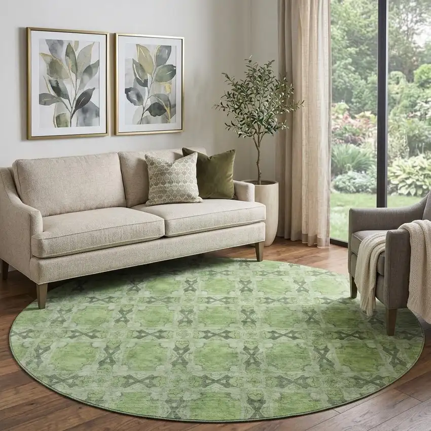 8' Green Gray And Ivory Floral Medallion Washable Round Rug With UV Protection Photo 1