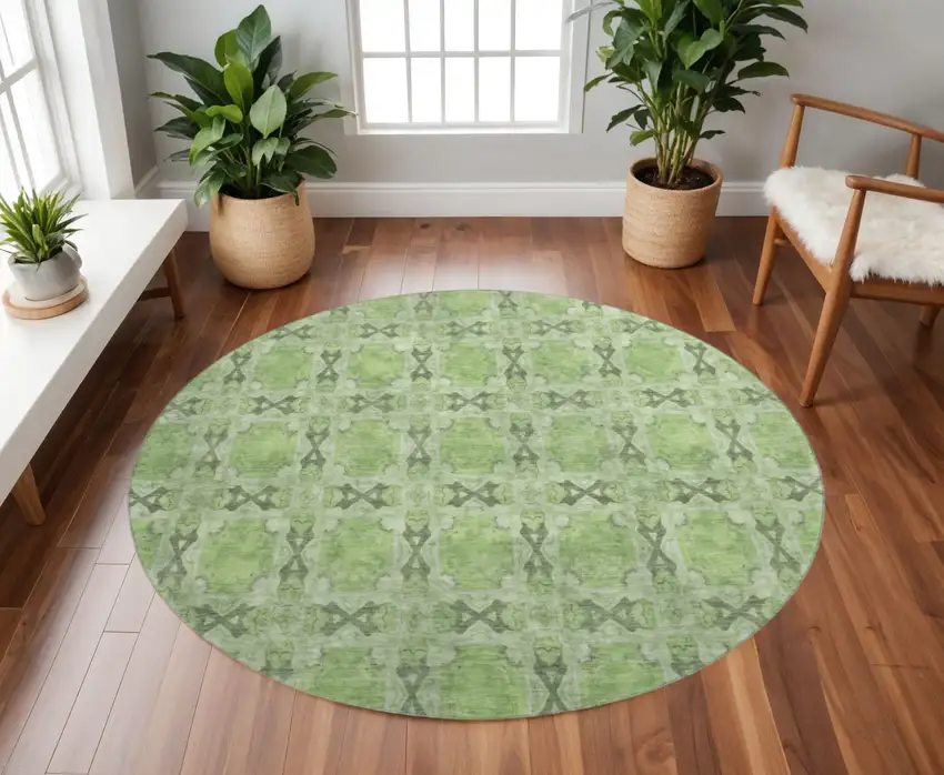 8' Green Gray And Ivory Floral Medallion Washable Round Rug With UV Protection Photo 2