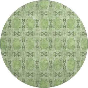 Photo of 8' Green Gray And Ivory Floral Medallion Washable Round Rug With UV Protection