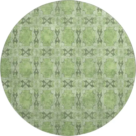 8' Green Gray And Ivory Floral Medallion Washable Round Rug With UV Protection Photo 1
