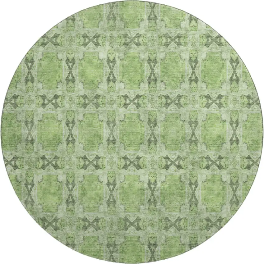 8' Green Gray And Ivory Floral Medallion Washable Round Rug With UV Protection Photo 1