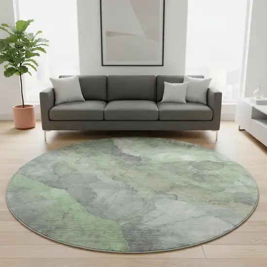8' Green Gray And Ivory Floral Washable Round Rug With UV Protection Photo 2