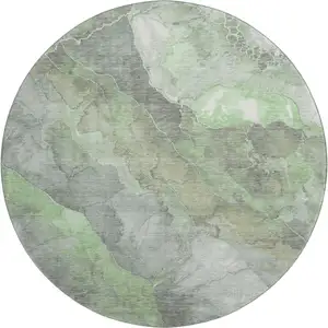 Photo of 8' Green Gray And Ivory Floral Washable Round Rug With UV Protection