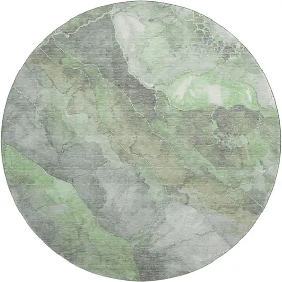 8' Green Gray And Ivory Floral Washable Round Rug With UV Protection Photo 1