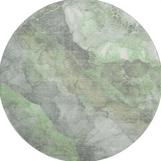 8' Green Gray And Ivory Floral Washable Round Rug With UV Protection Photo 2
