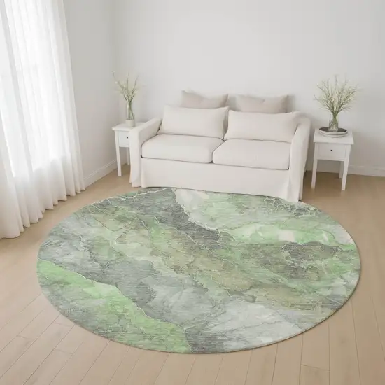 8' Green Gray And Ivory Floral Washable Round Rug With UV Protection Photo 3
