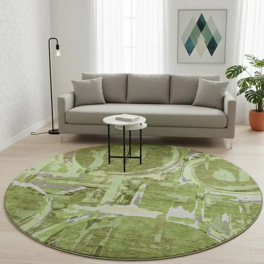 8' Green Gray And Ivory Geometric Washable Round Rug With UV Protection Photo 2