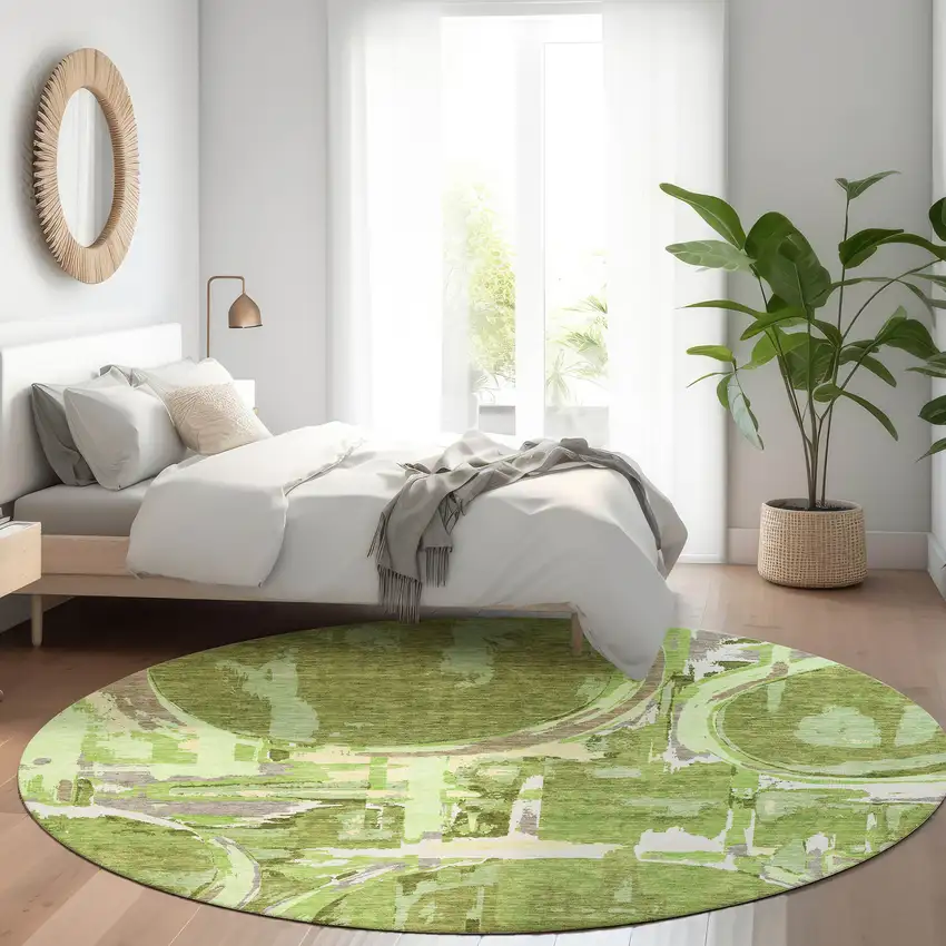 8' Green Gray And Ivory Geometric Washable Round Rug With UV Protection Photo 5