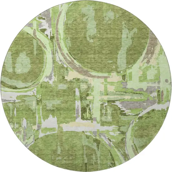 8' Green Gray And Ivory Geometric Washable Round Rug With UV Protection Photo 4