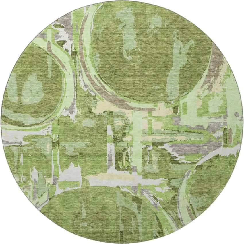 8' Green Gray And Ivory Geometric Washable Round Rug With UV Protection Photo 4