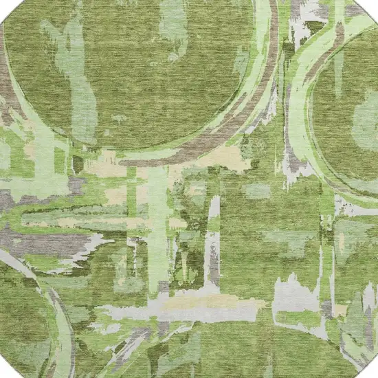 8' Green Gray And Ivory Geometric Washable Round Rug With UV Protection Photo 3