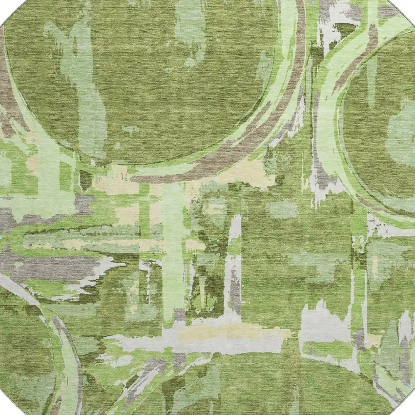 8' Green Gray And Ivory Geometric Washable Round Rug With UV Protection Photo 3