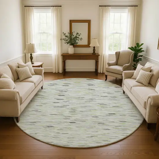 8' Green Gray And Ivory Geometric Washable Round Rug With UV Protection Photo 4