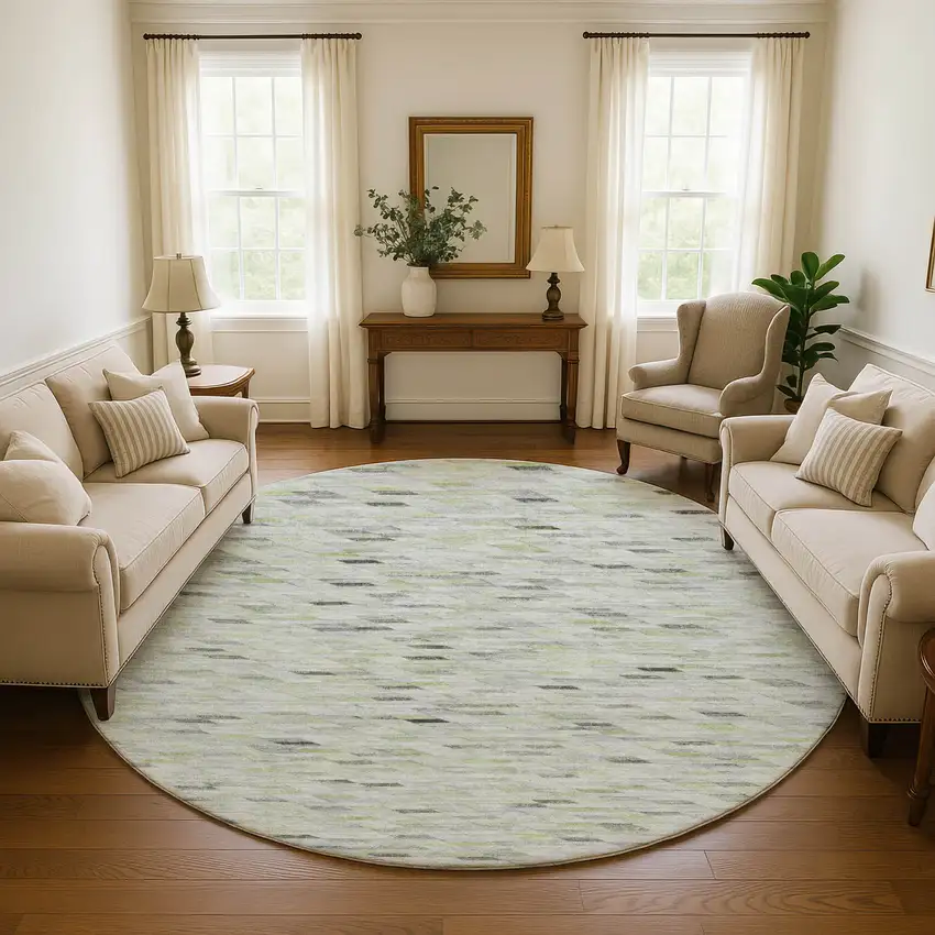 8' Green Gray And Ivory Geometric Washable Round Rug With UV Protection Photo 4