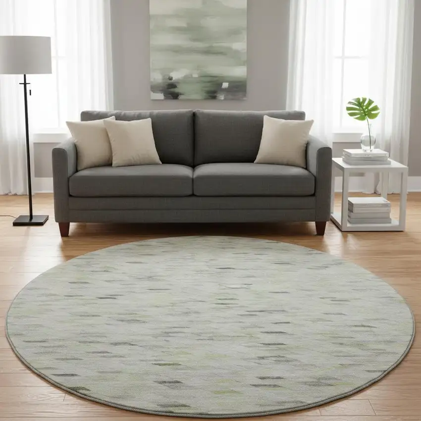8' Green Gray And Ivory Geometric Washable Round Rug With UV Protection Photo 2