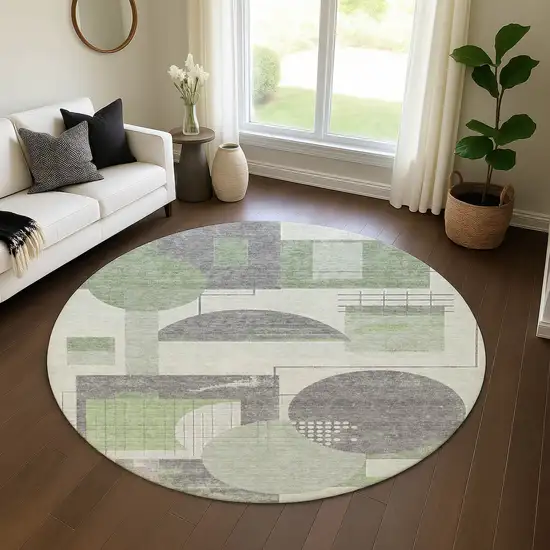 8' Green Gray And Ivory Geometric Washable Round Rug With UV Protection Photo 4