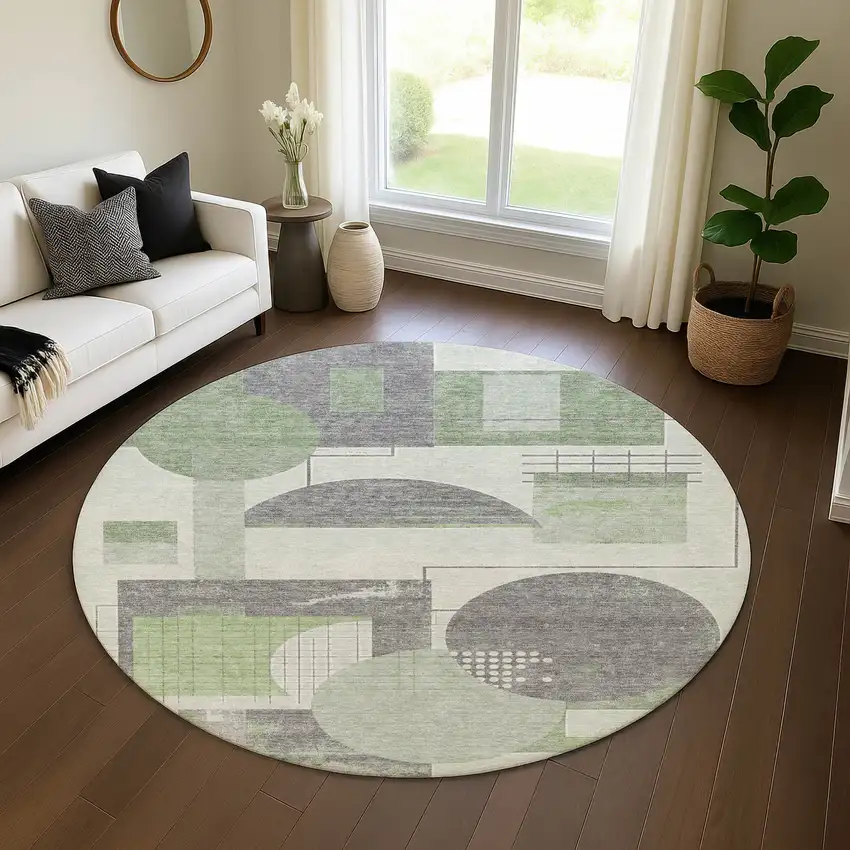 8' Green Gray And Ivory Geometric Washable Round Rug With UV Protection Photo 4