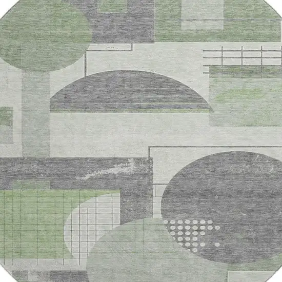 8' Green Gray And Ivory Geometric Washable Round Rug With UV Protection Photo 2