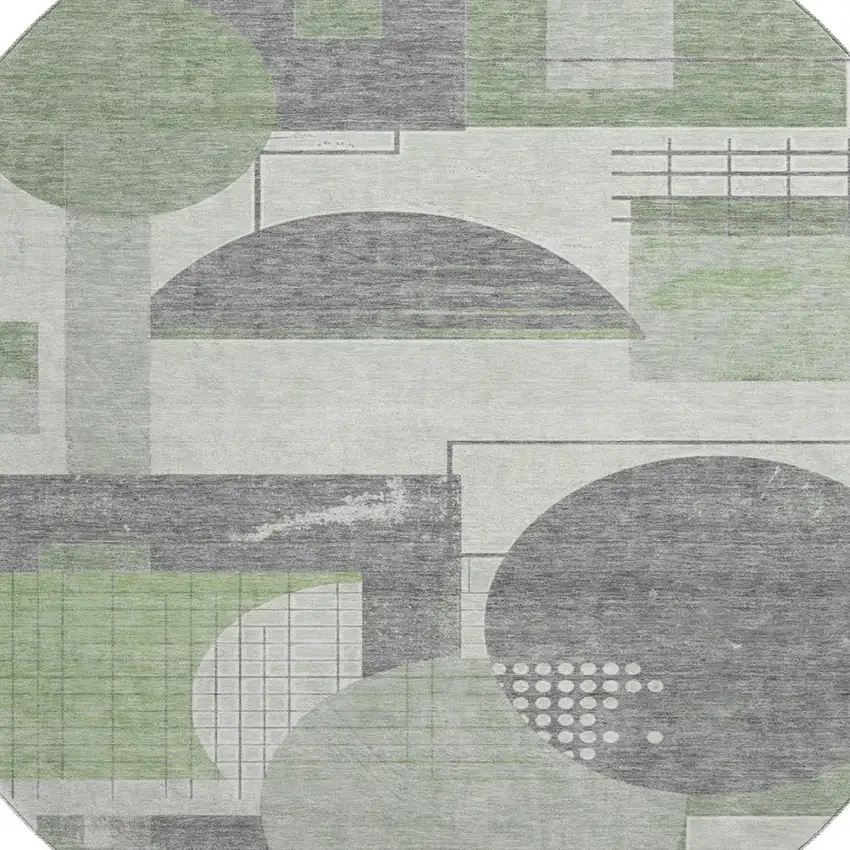 8' Green Gray And Ivory Geometric Washable Round Rug With UV Protection Photo 2